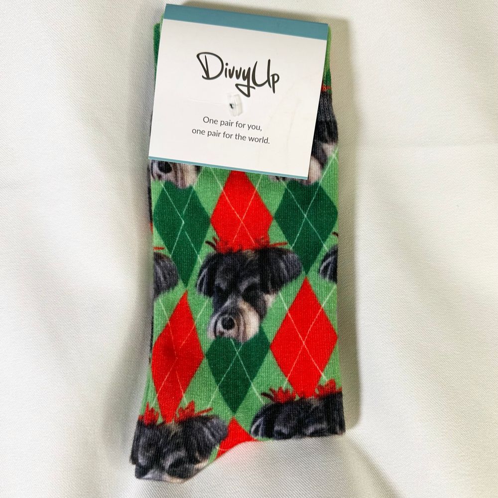 Divvy Up Christmas Socks Scottie Dog Argyle Green Red Holiday Novelty Crew Socks